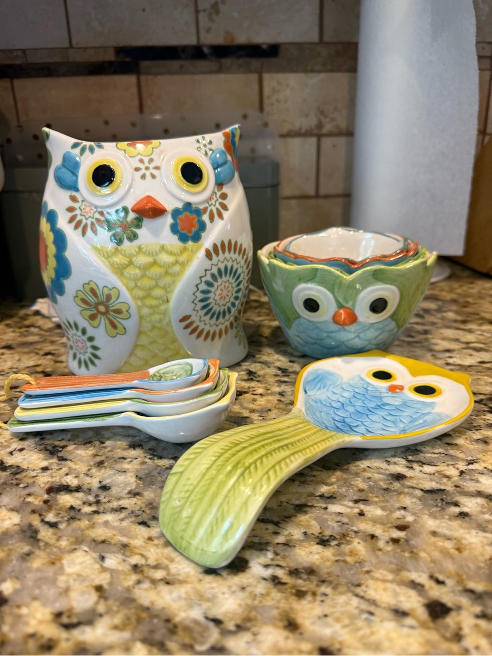 Pier 1 Hand-Painted Owl Ceramic Set